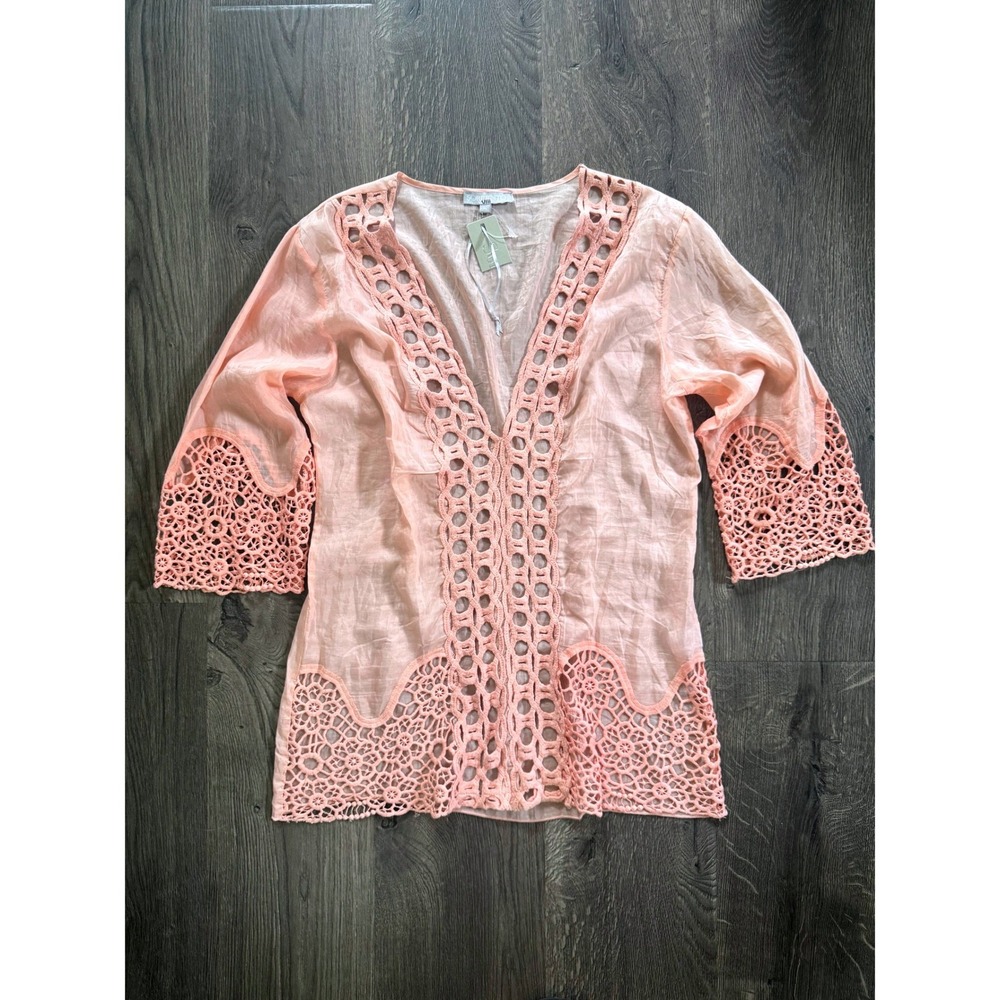 Sorrento Top  M Peach Cotton Silk Beach Lace V-Neck Swimsuit Coverup NWT NEW